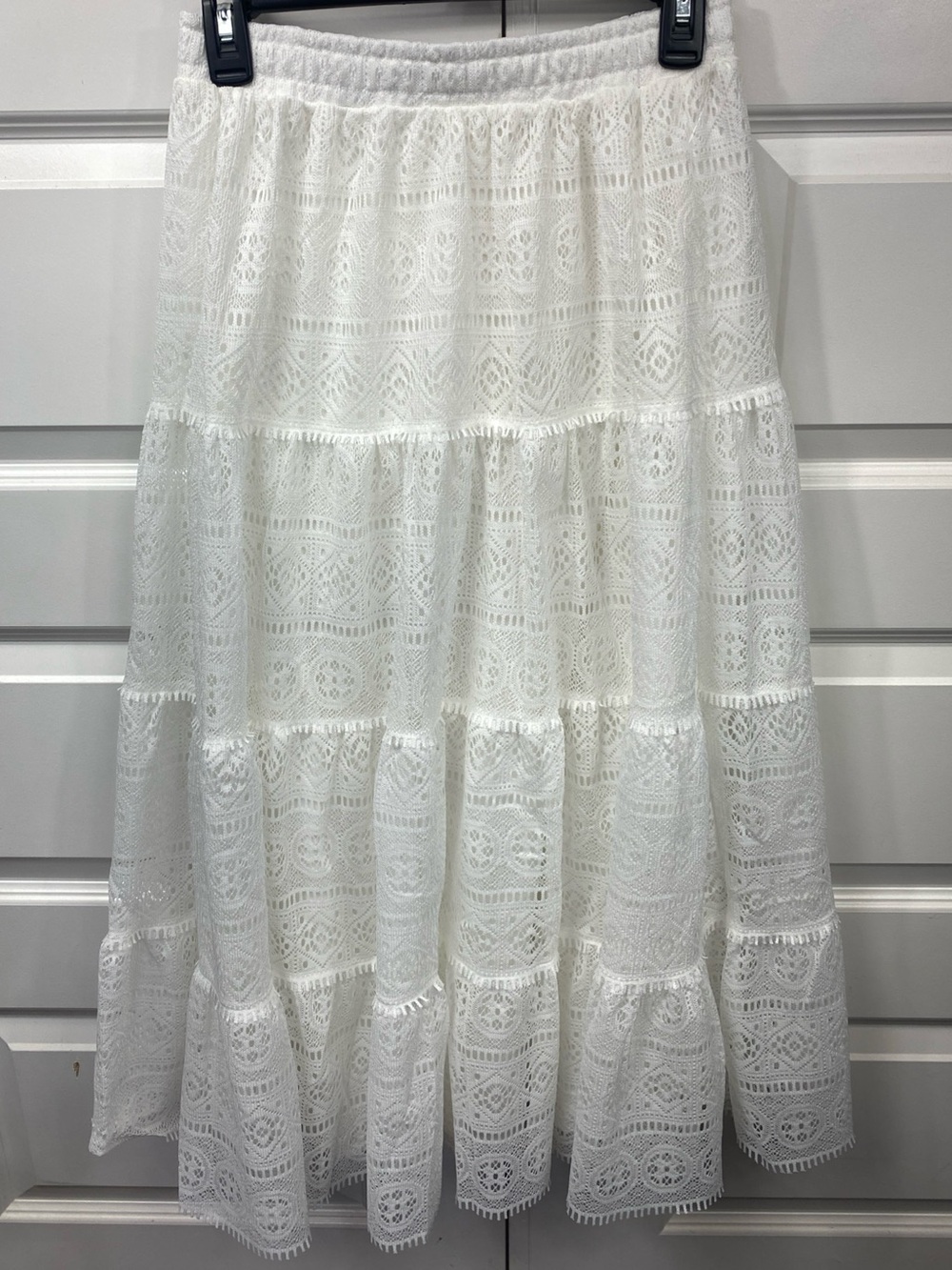 Cowboy Boho White Eyelet Skirt Tiered Bohemian A-line Midi Lined Skirt Small Max